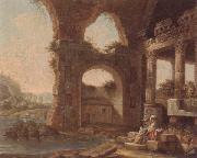 An architectural capriccio with washerwomen by a river unknow artist